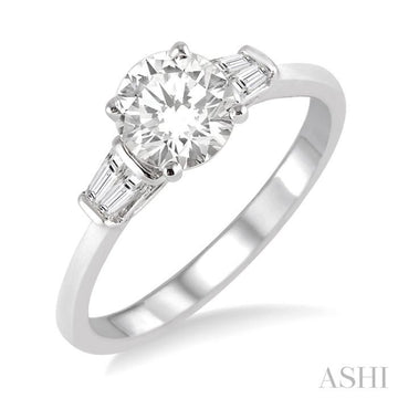 5/8 Ctw Baguette and Round Cut Diamond Ladies Engagement Ring with 1/2 Ct Round Cut Center Stone in 14K White Gold
